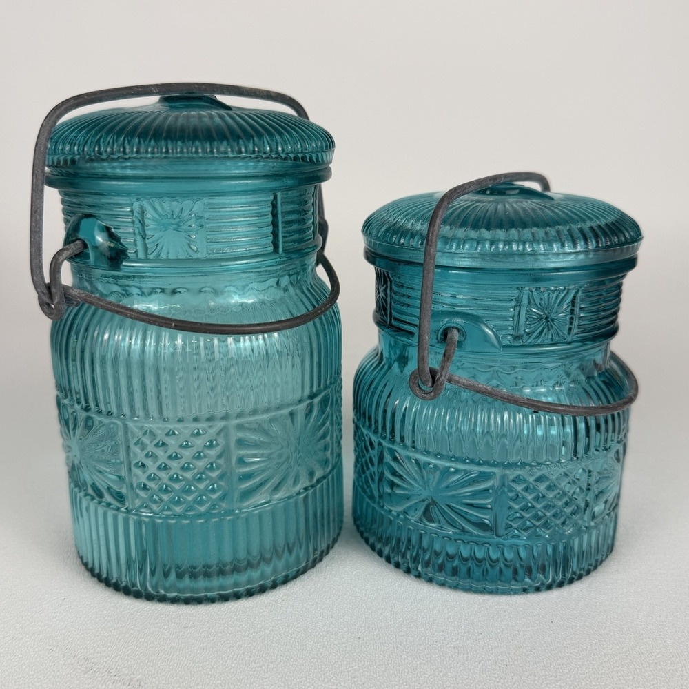 Vintage Avon Aqua Blue Pressed Glass Lidded Canisters Jars W Wire Handles Set 2